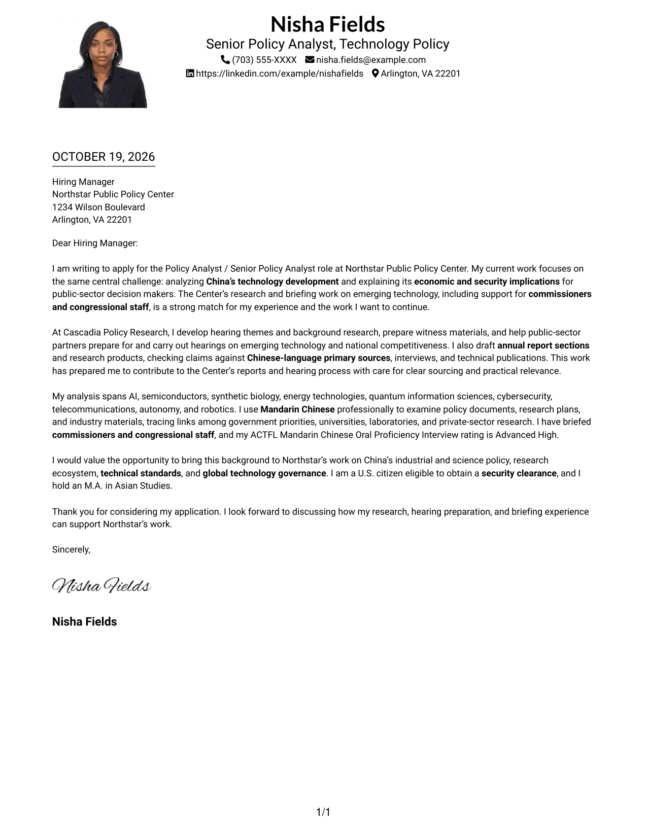 Cover letter example — page 1