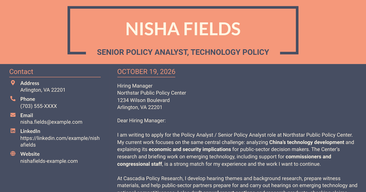 7 Policy Analyst / Senior Policy Analyst - Technology and Innovation Cover Letter Templates with Example