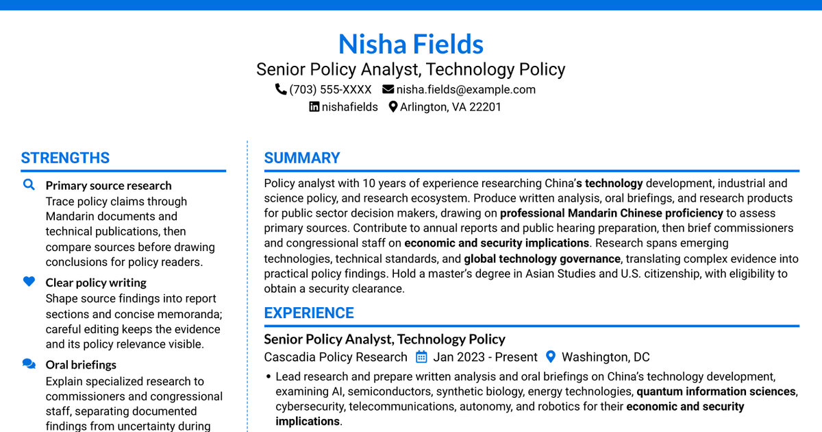 7 Policy Analyst / Senior Policy Analyst - Technology and Innovation Resume Templates with Example
