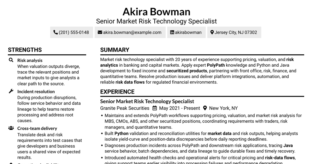 7 PolyPath Market Risk Technology Specialist - Java/Python Resume Templates with Example
