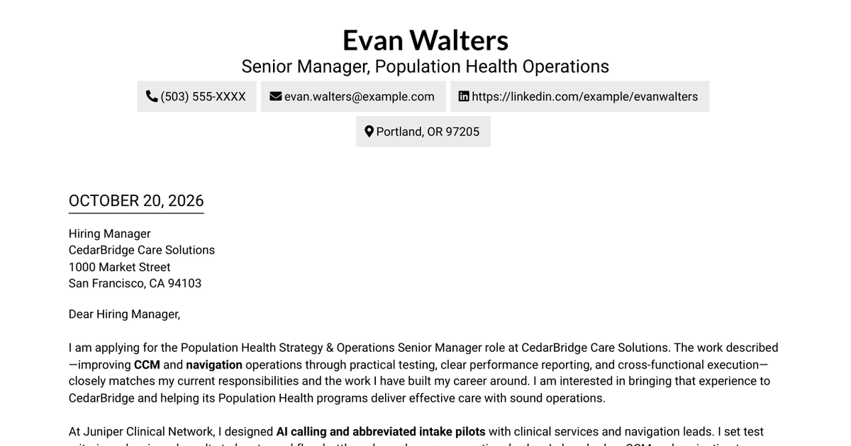 7 Population Health Strategy & Operations Senior Manager Cover Letter Templates with Example