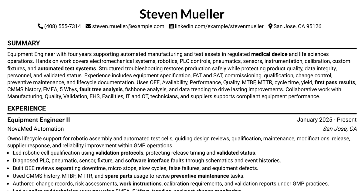 7 Positions Equipment Engineer - OTTAVA Resume Templates with Example
