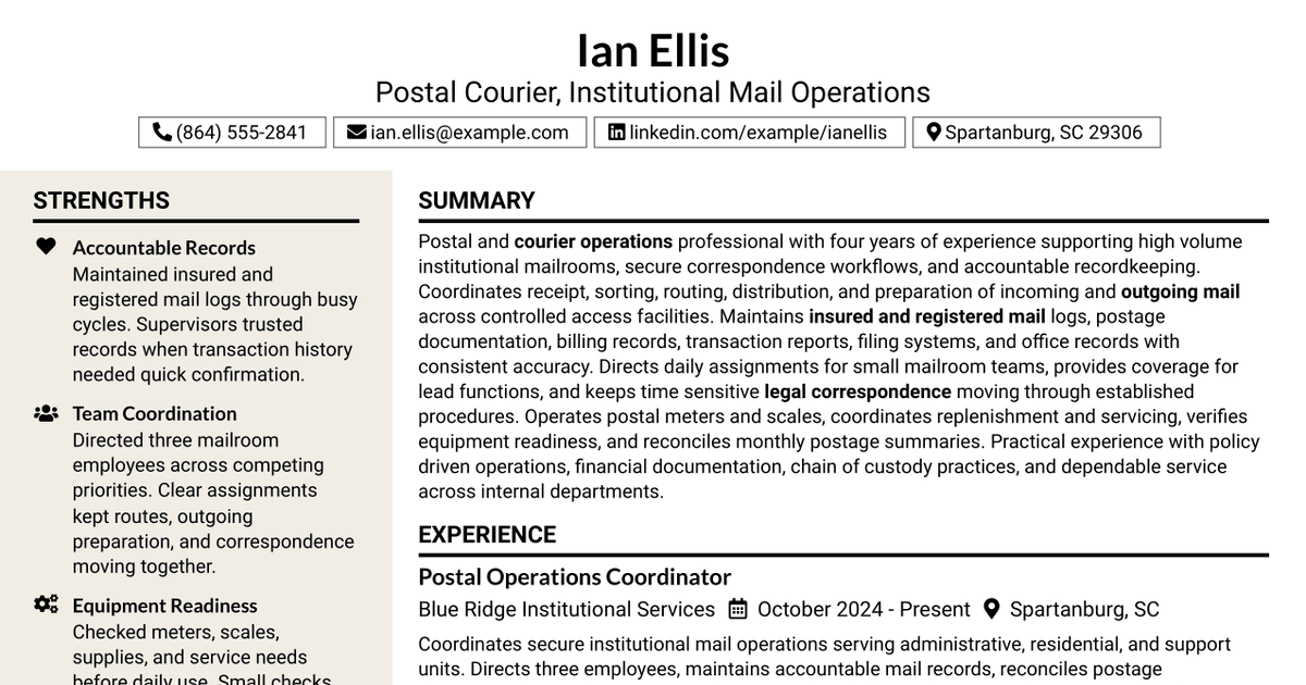 7 Postal Courier - Institutional Mail Operations Resume Templates with Example