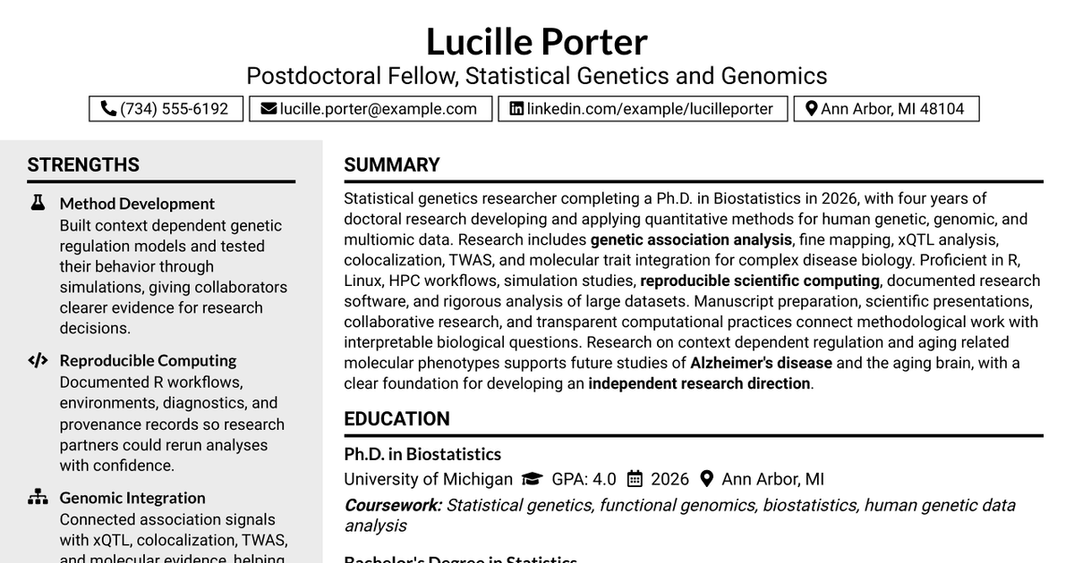 7 Postdoctoral Fellow - Statistical Genetics and Genomics Resume Templates with Example