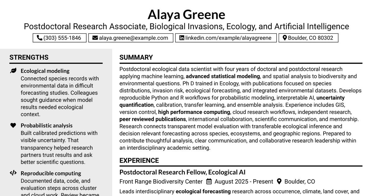 7 Postdoctoral Research Associate - Biological Invasions, Ecology, and Artificial Intelligence Resume Templates with Example