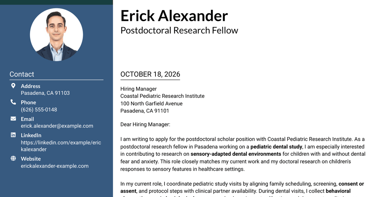 7 Postdoctoral Scholar Research Associate - Pediatric Dental Research Cover Letter Templates with Example