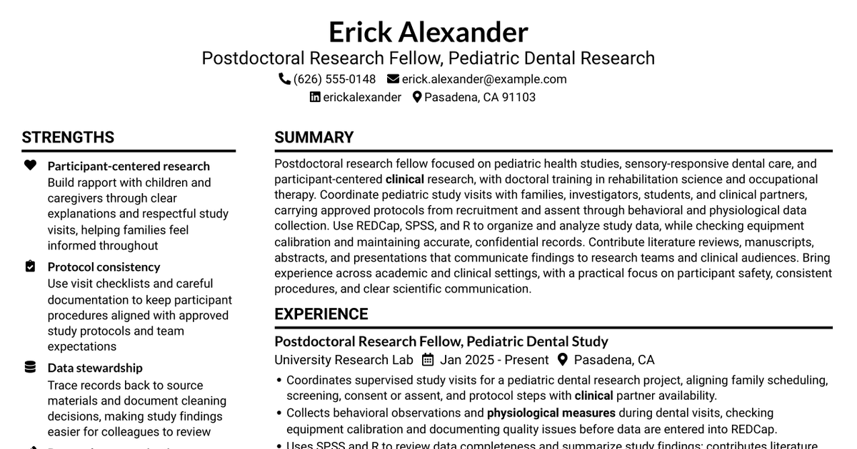 7 Postdoctoral Scholar Research Associate - Pediatric Dental Research Resume Templates with Example