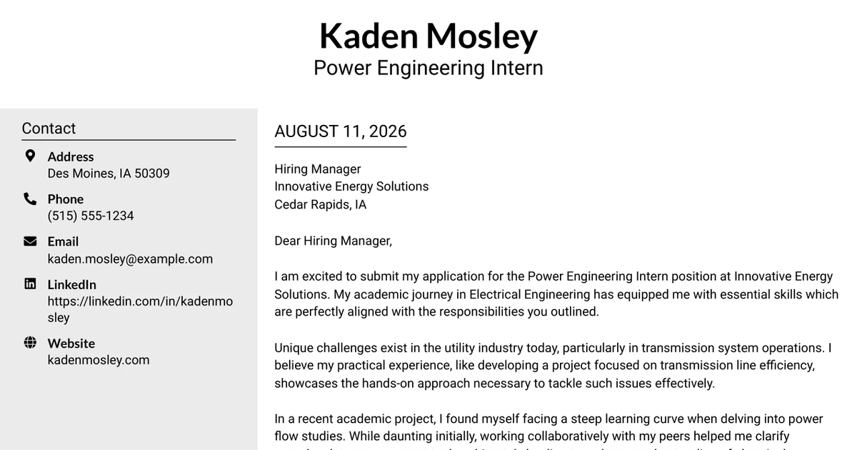 30+ Power Engineering Intern Cover Letter Templates with Example 2026