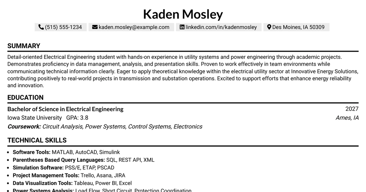 33 Power Engineering Intern Resume Templates with Example 2026 (ATS-Optimized)