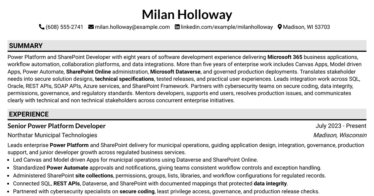 7 Power Platform and SharePoint Developer - Information Systems Resume Templates with Example