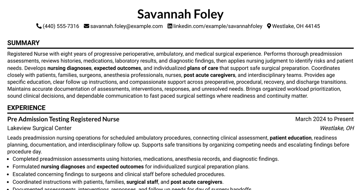 7 Pre Admissions Testing Registered Nurse RN Resume Templates with Example