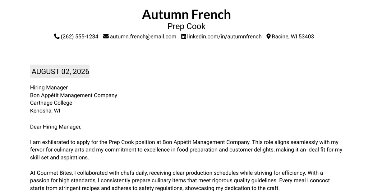 30+ Prep Cook Cover Letter Templates with Example 2026