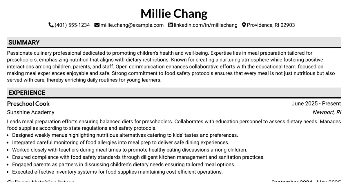 33 Preschool Cook Resume Templates with Example 2026 (ATS-Optimized)