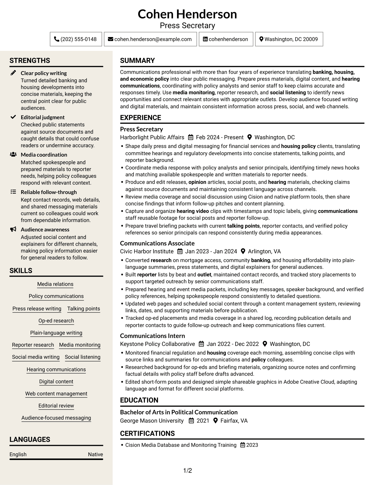 Resume example — page 1