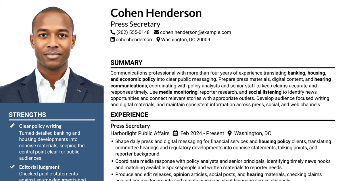 7 Press Assistant / Press Secretary - Financial Policy Communications Resume Templates with Example
