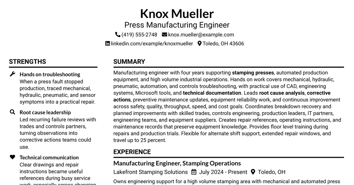 7 Press Manufacturing Engineer Resume Templates with Example