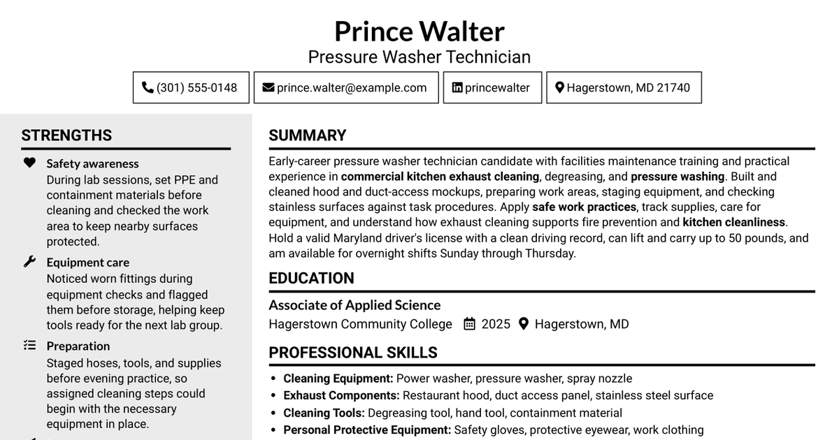 7 Pressure Washer Technician - Commercial Kitchen Exhaust Cleaning Resume Templates with Example
