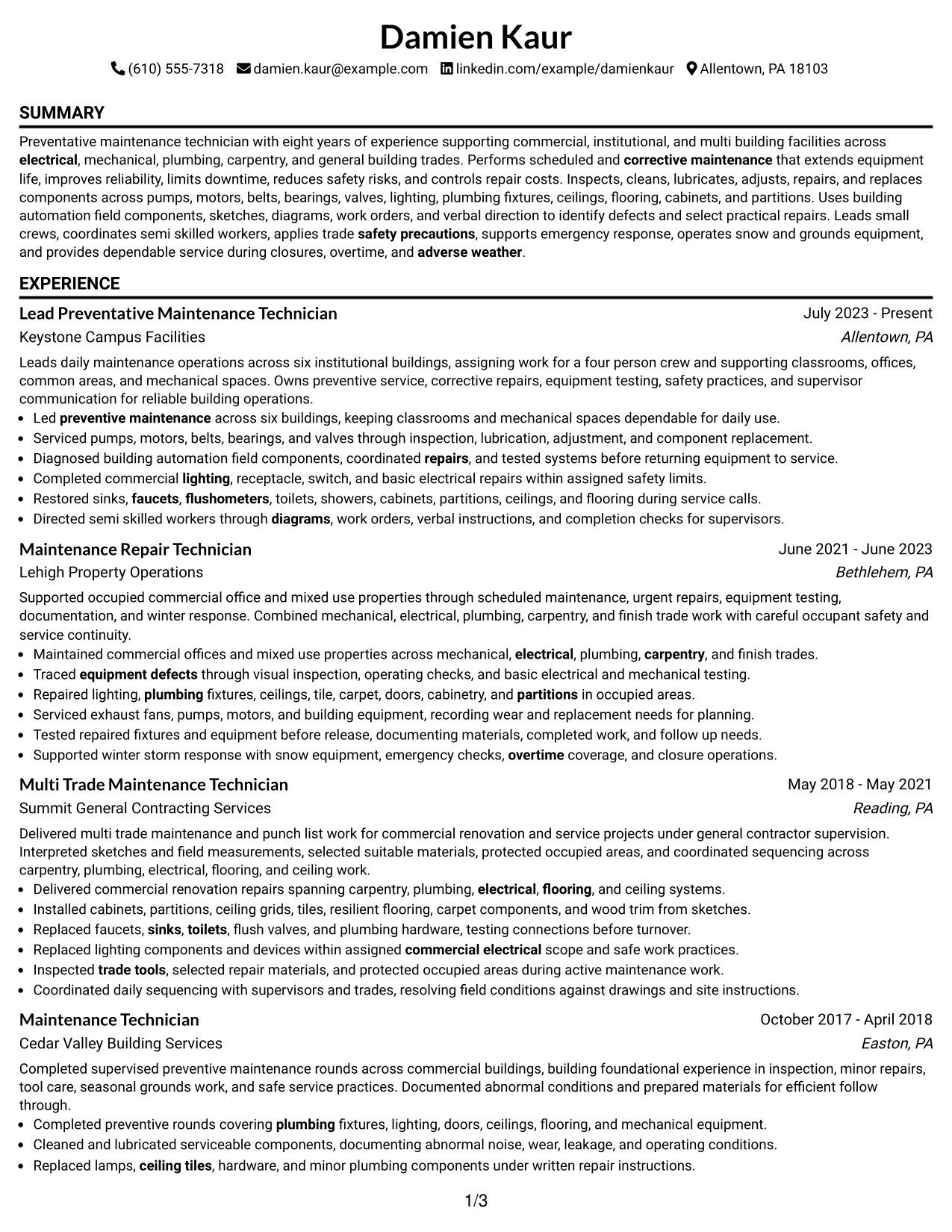 Resume Example Page 1