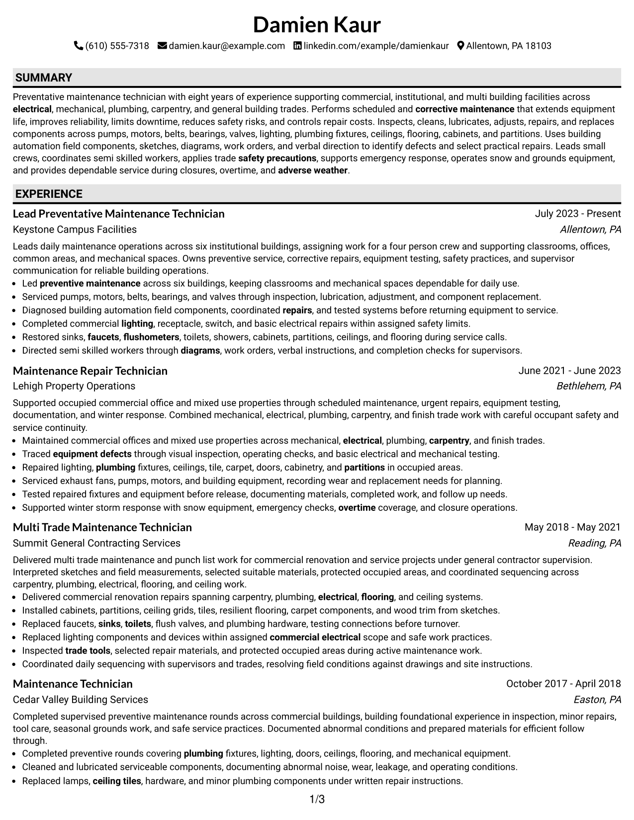 Resume Example Page 1