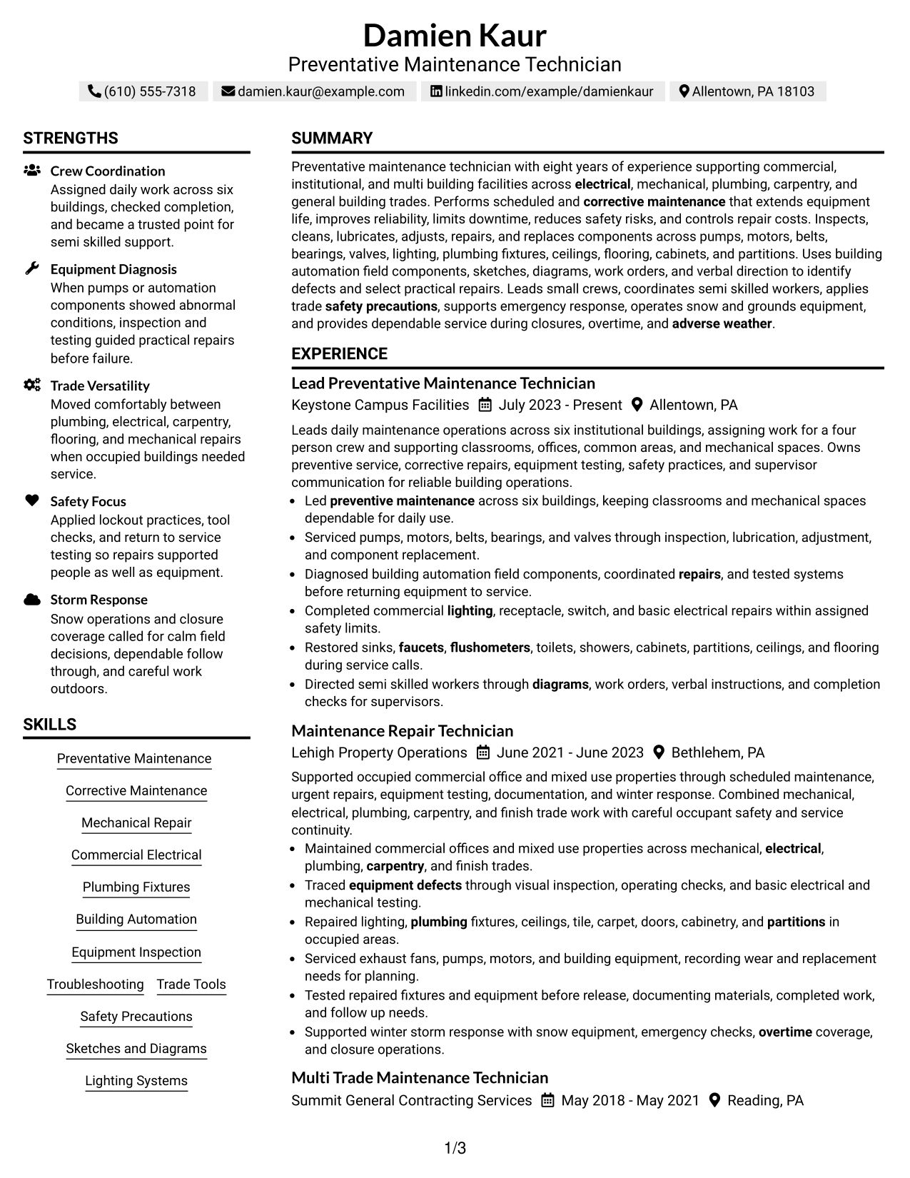 Resume Example Page 1