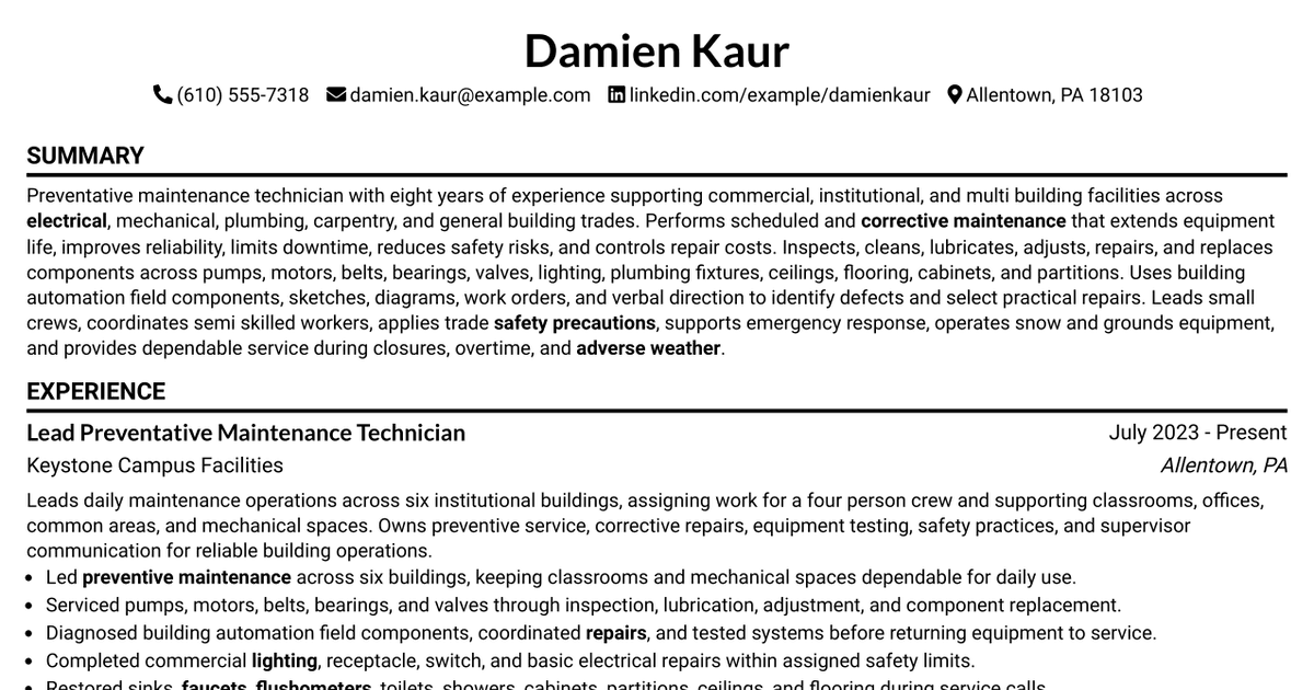 7 Preventative Maintenance Technician Resume Templates with Example