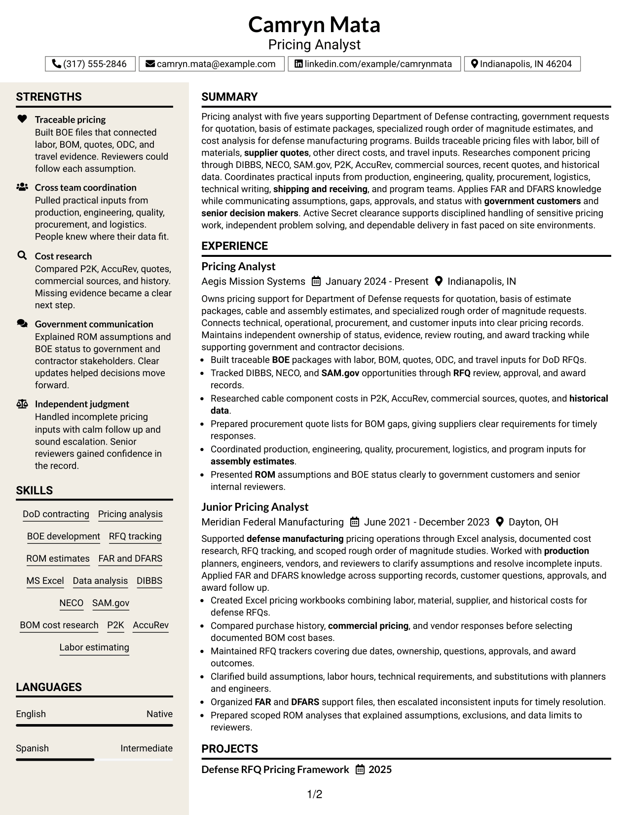Resume Example Page 1