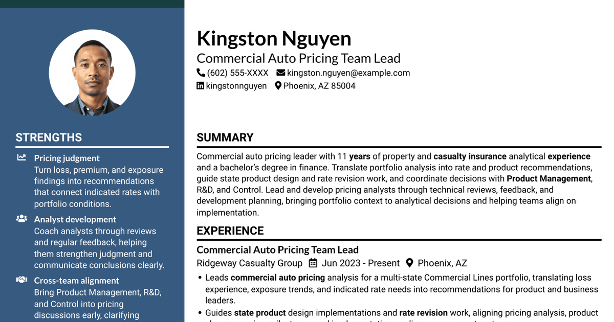 7 Pricing Supervisor or Associate Manager - Commercial Auto Pricing Resume Templates with Example