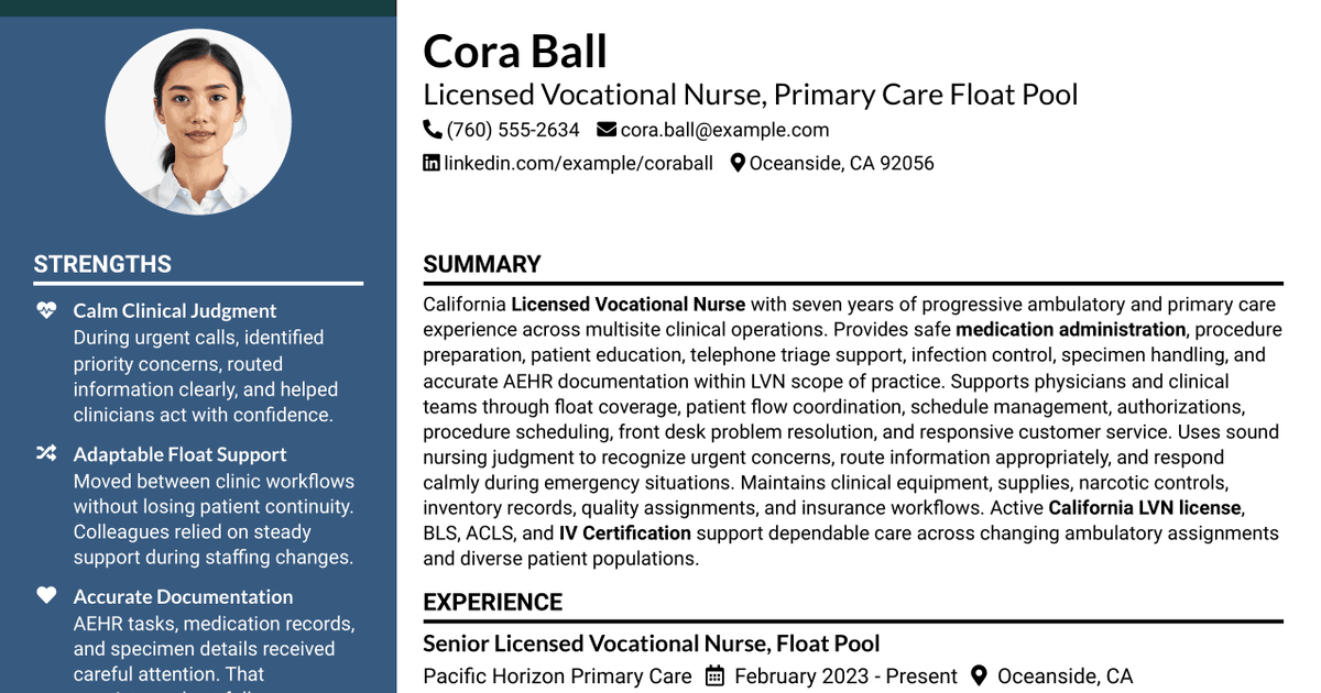 7 Primary Care Nursing Float Pool - LVN Resume Templates with Example