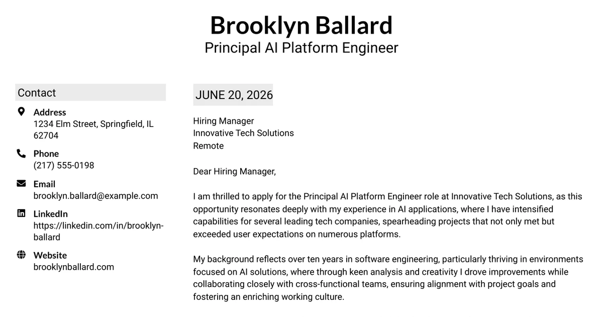 30+ Principal AI Platform Engineer Cover Letter Templates with Example 2026