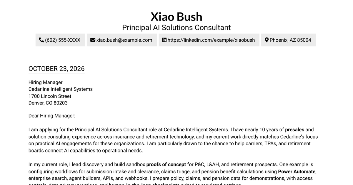 7 Principal AI Solutions Consultant (Presales) - Insurance & Retirement Cover Letter Templates with Example