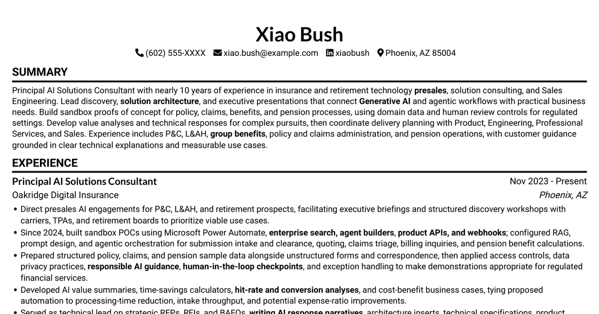 7 Principal AI Solutions Consultant (Presales) - Insurance & Retirement Resume Templates with Example