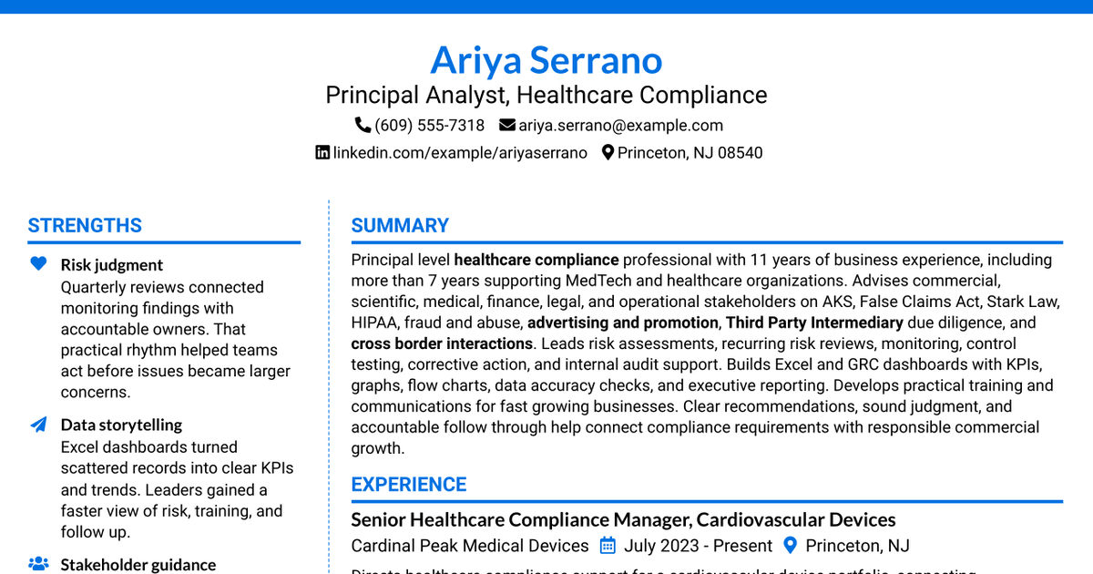 7 Principal Analyst, Healthcare Compliance Resume Templates with Example
