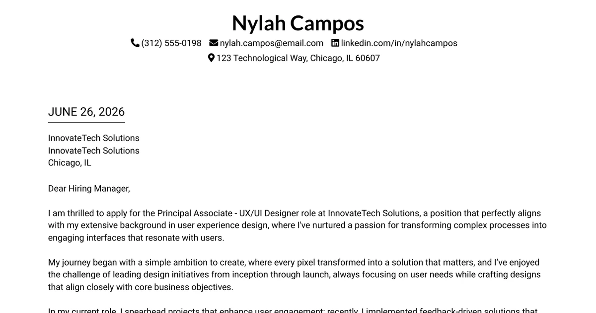 30+ Principal Associate - UX/UI Designer Cover Letter Templates with Example 2026