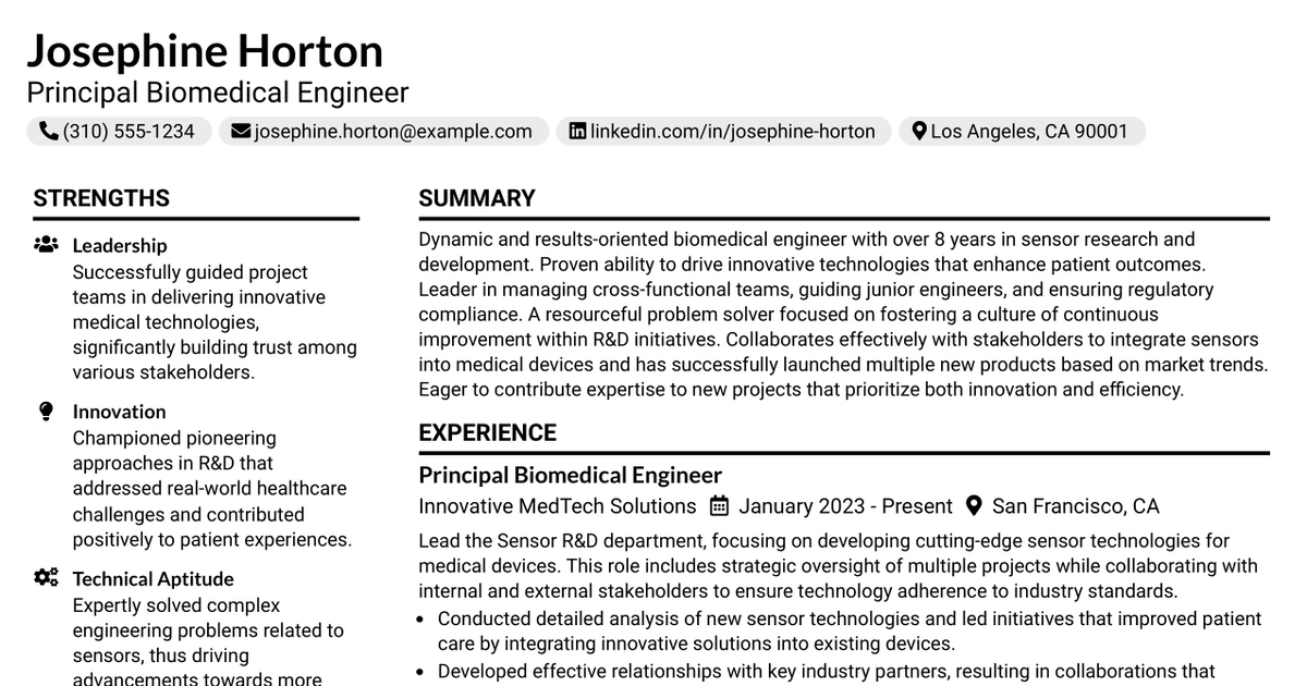 33 Principal Biomedical Engineer Resume Templates with Example 2026 (ATS-Optimized)