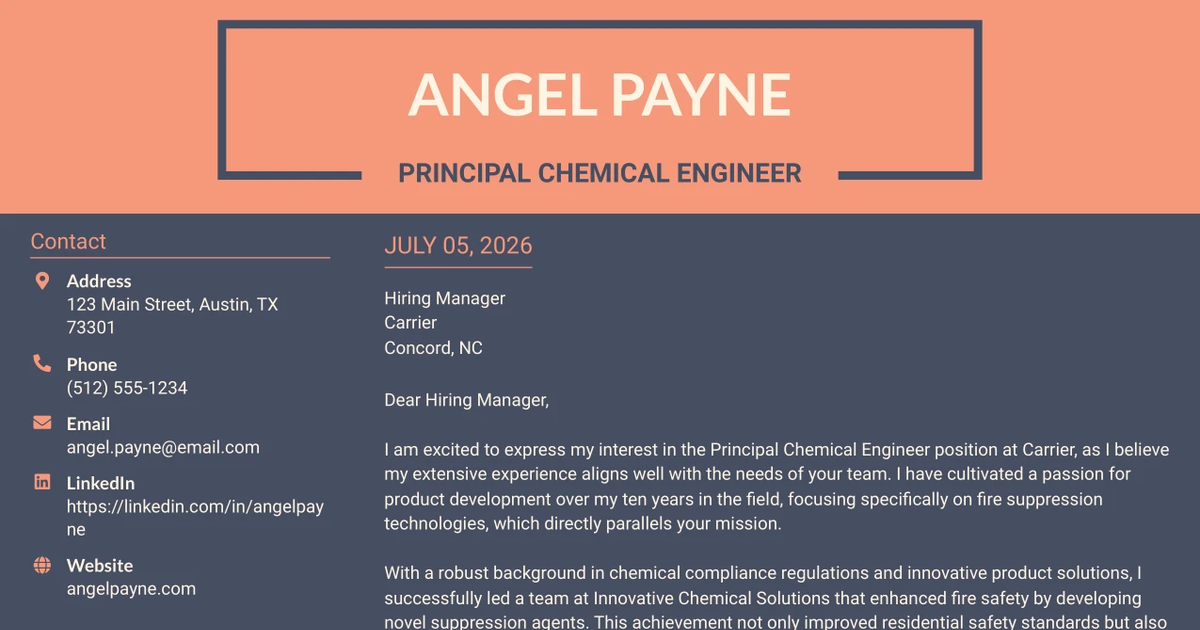 30+ Principal Chemical Engineer Cover Letter Templates with Example 2026