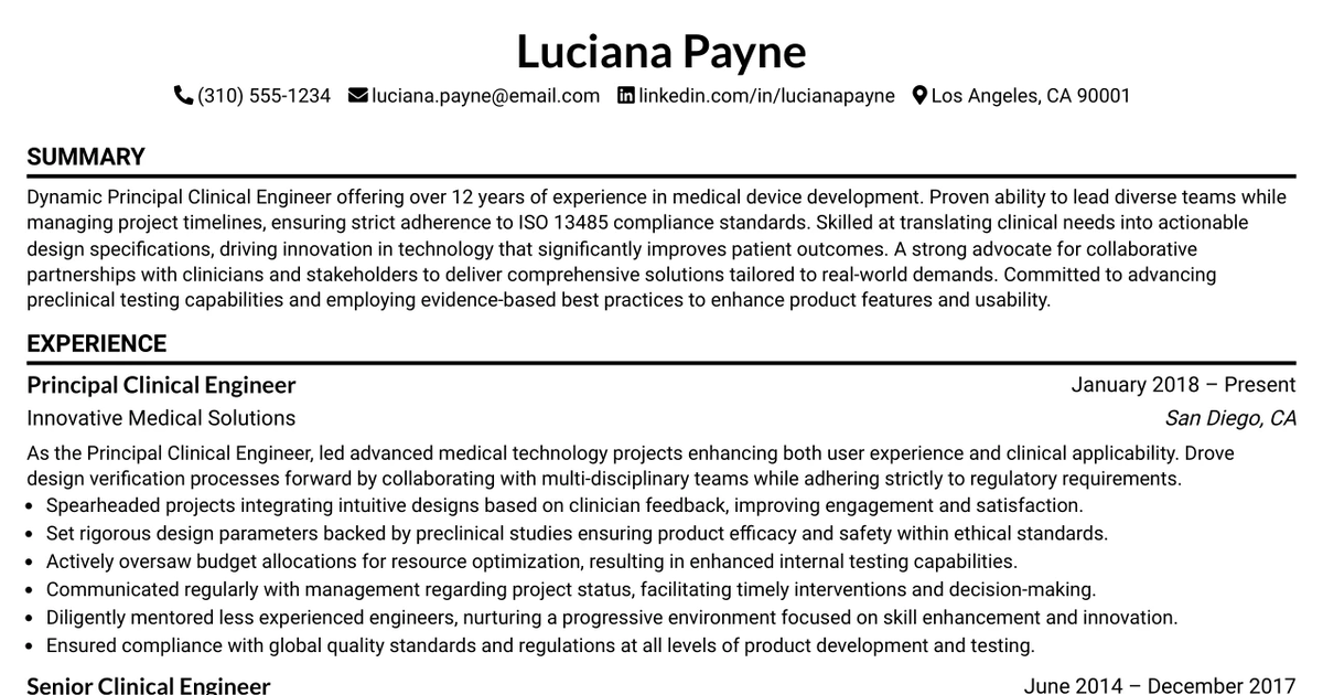 33 Principal Clinical Engineer Resume Templates with Example 2026 (ATS-Optimized)