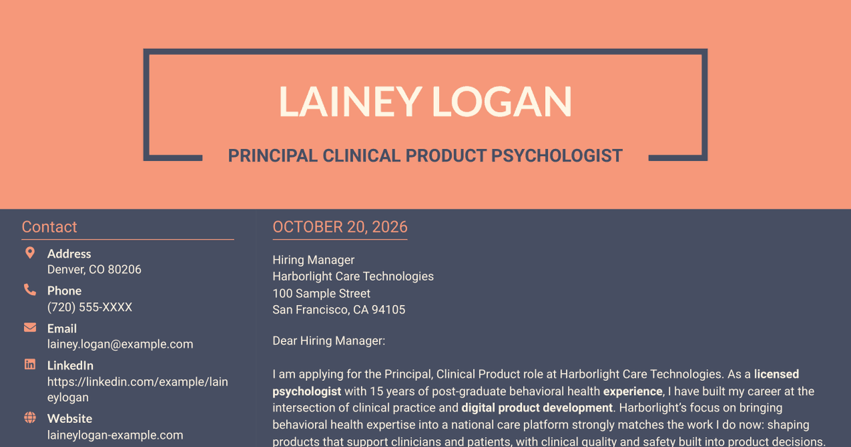 7 Principal, Clinical Product - Behavioral Health AI Cover Letter Templates with Example