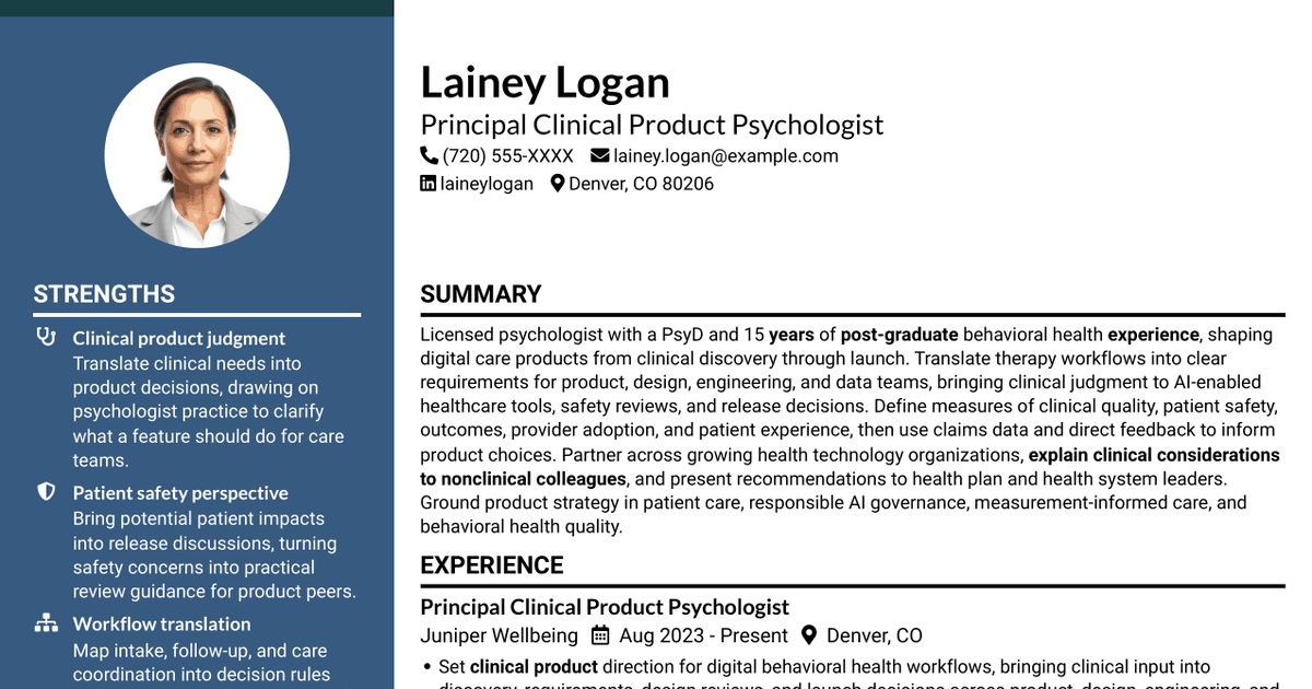 7 Principal, Clinical Product - Behavioral Health AI Resume Templates with Example