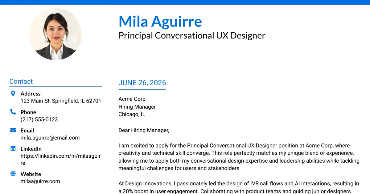 30+ Principal Conversational UX Designer Cover Letter Templates with Example 2026
