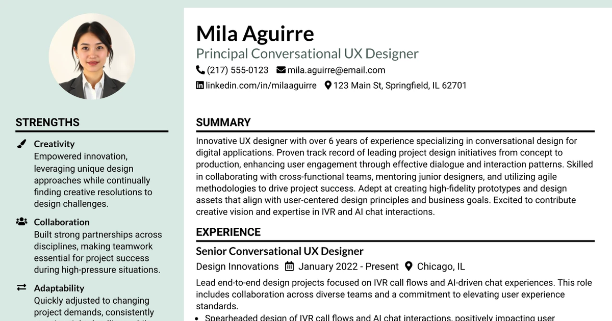33 Principal Conversational UX Designer Resume Templates with Example 2026 (ATS-Optimized)
