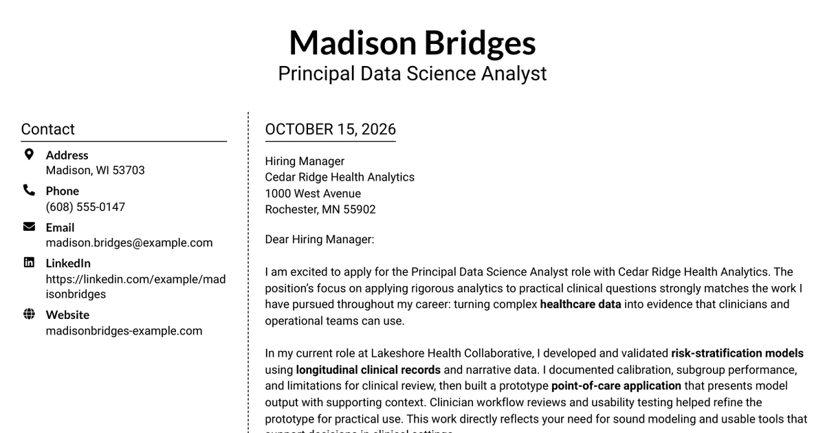 7 Principal Data Science Analyst - Healthcare AI Cover Letter Templates with Example