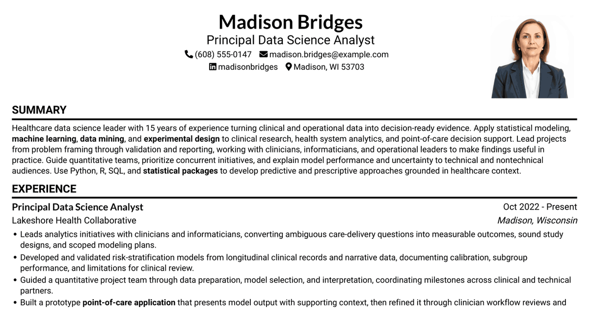 7 Principal Data Science Analyst - Healthcare AI Resume Templates with Example