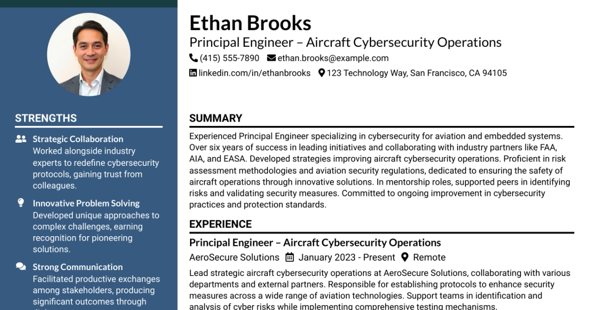 33 Principal Engineer – Aircraft Cybersecurity Operations Resume Templates with Example 2026 (ATS-Optimized)