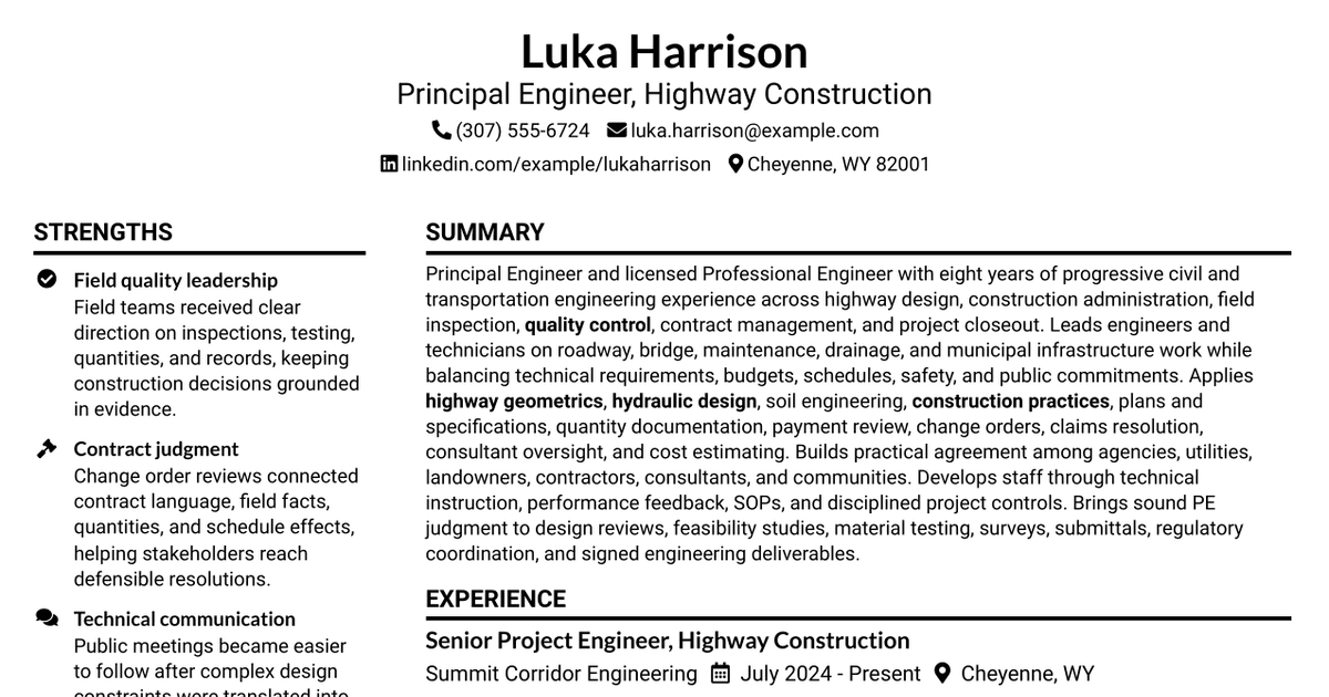 7 Principal Engineer - Highway Construction Resume Templates with Example