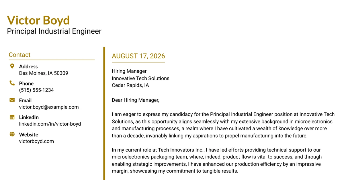 30+ Principal Industrial Engineer Cover Letter Templates with Example 2026