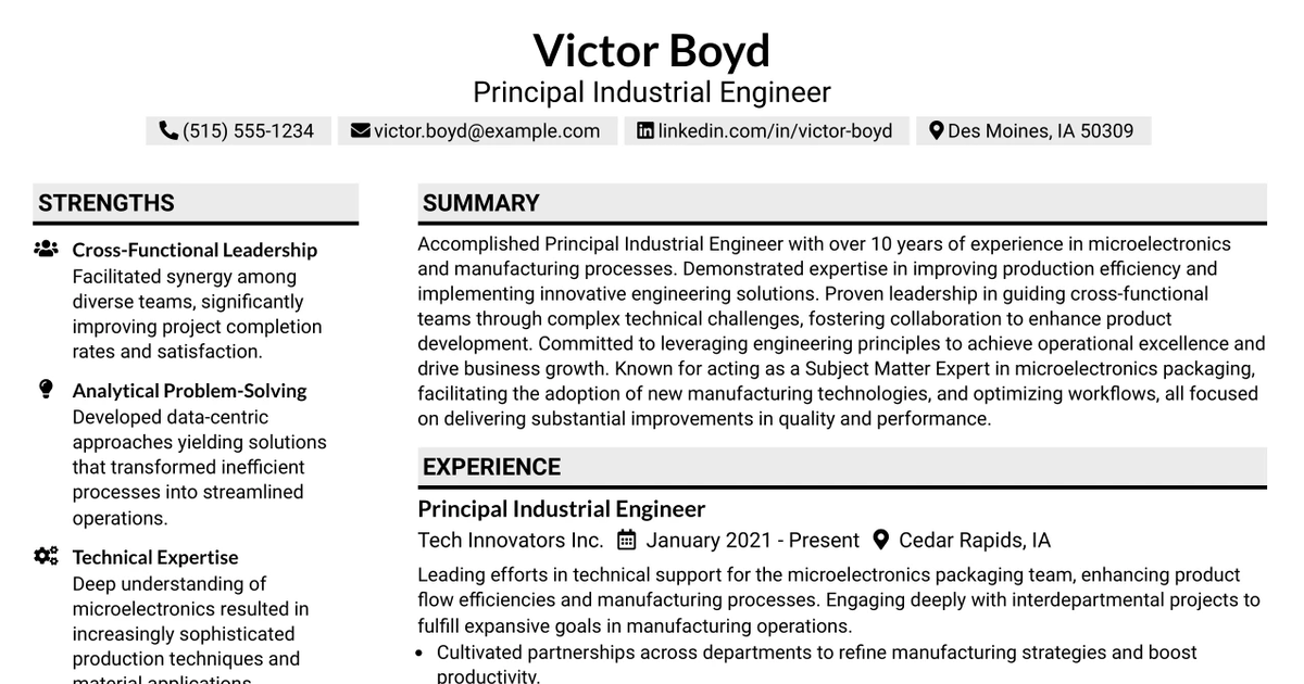 33 Principal Industrial Engineer Resume Templates with Example 2026 (ATS-Optimized)