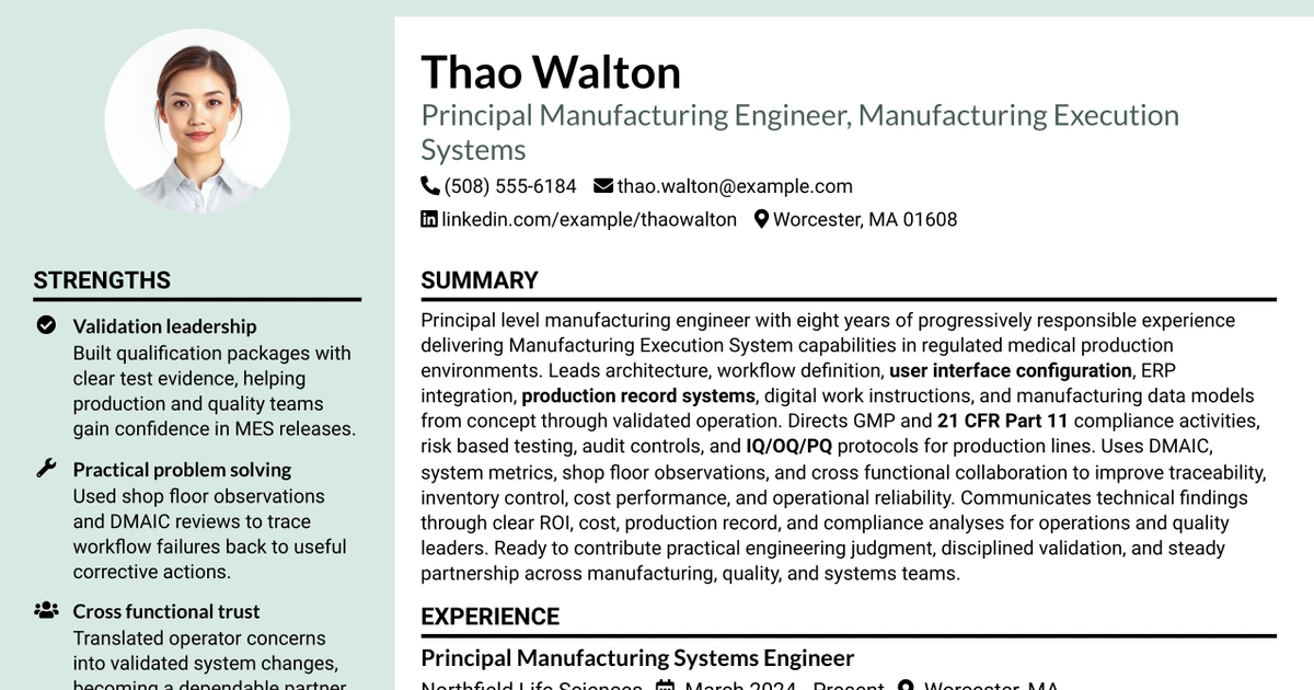33 Principal Manufacturing Engineer - Manufacturing Execution Systems Resume Templates with Example 2026 (ATS-Optimized)