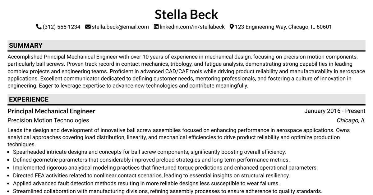 33 Principal Mechanical Engineer, Ball Screws Resume Templates with Example 2026 (ATS-Optimized)