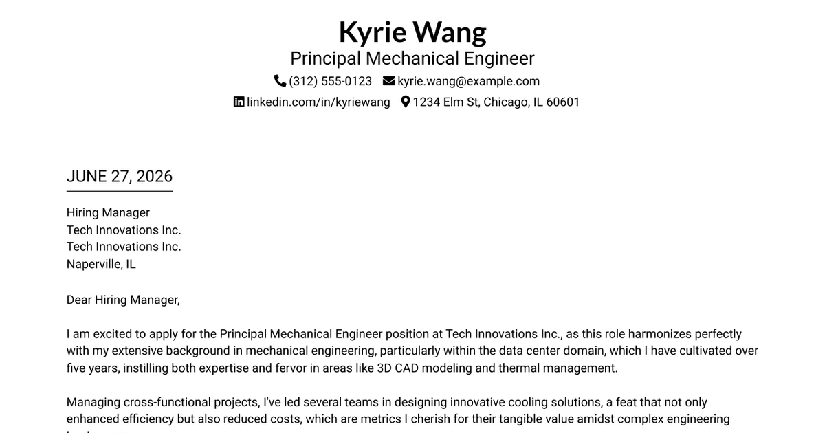 30+ Principal Mechanical Engineer Cover Letter Templates with Example 2026