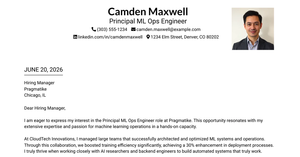 30+ Principal ML Ops Engineer Cover Letter Templates with Example 2026